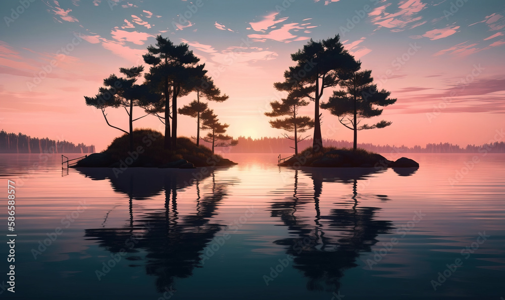  a beautiful sunset over a body of water with trees in the foreground and a pink sky in the background with clouds in the sky.  generative ai
