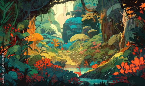  a painting of a forest scene with a river running through the center of the forest, and lots of trees and bushes, with bright colors. generative ai