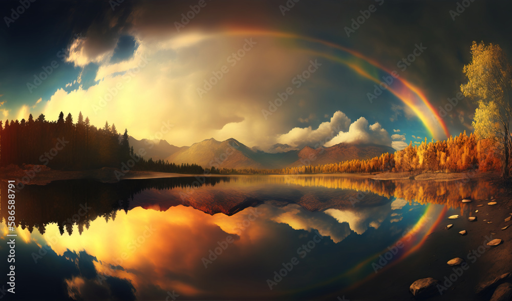 a painting of a rainbow in the sky over a lake with trees and mountains in the background and a rainbow in the sky above the water. generative ai a painting of a rainbow in the sky over a lake with trees and mountains in the background and a rainbow in the sky above the water. generative ai