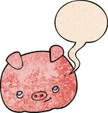 cartoon happy pig and speech bubble in retro texture style