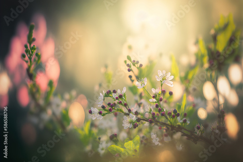 Close up spring blossom branches with beautiful pink flowers. Floral outdoor nature background with selective focus and bokeh effect. Sun bright light background. AI generative image.