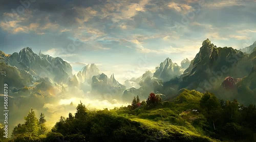Obraz Poranek w górach, skaliste góry, wzniesienie pokryte trawą, drzewa, las, mgła w dolinie,  niebo z delikatnymi chmurami, światło słoneczne.. Wygenerowanie przy użyciu AI.