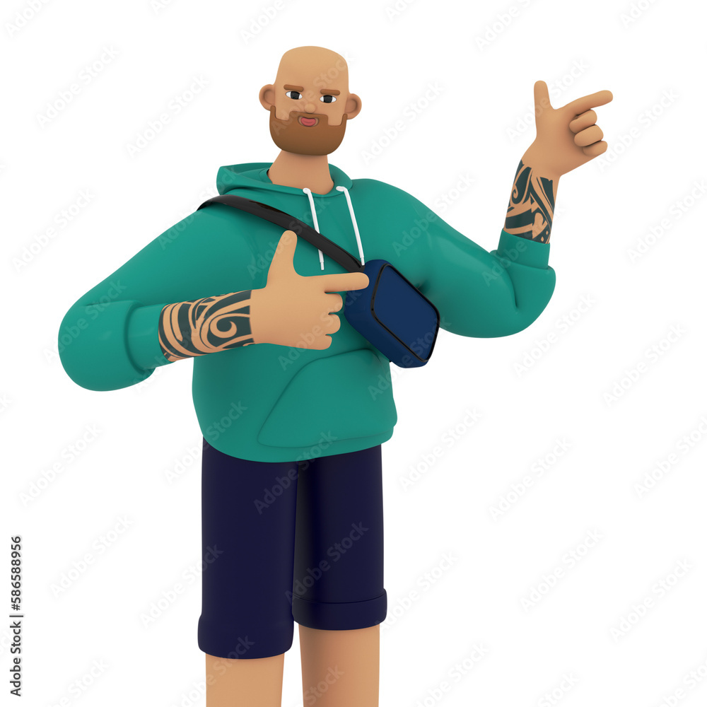 Handsome beard man pointing fingers. 3d render isolated on white background. Announcement or advertising concept for web, application or presentation design. Handsome beard man pointing fingers. 3d render isolated on white background. Announcement or advertising concept for web, application or presentation design.