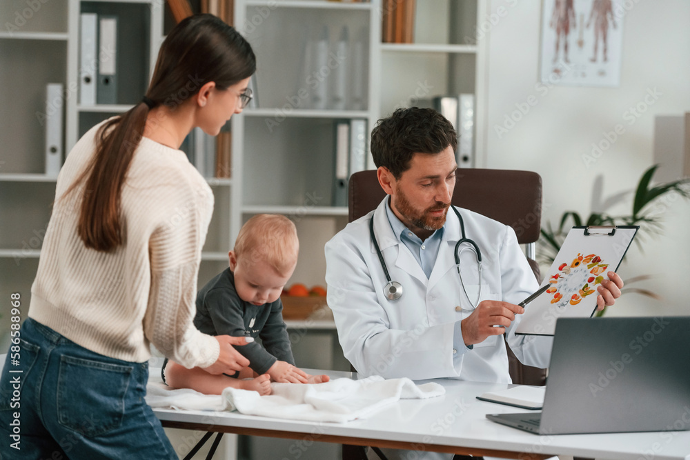 Having consultation. With baby and mother. Doctor in formal clothes is working in the cabinet Having consultation. With baby and mother. Doctor in formal clothes is working in the cabinet