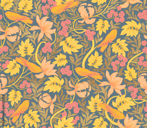 Floral ornament with birds on the branches. Seamless pattern with birds and flowers.