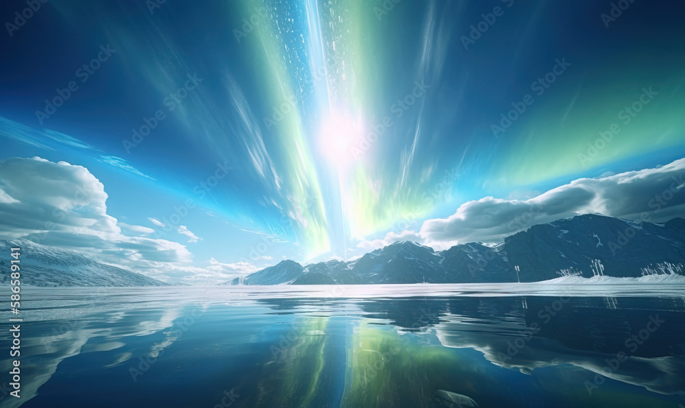 Naklejka premium a picture of the sky and clouds reflected in the water of a lake with mountains in the background and a bright beam of light in the sky. generative ai