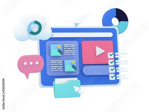 Strategy and planing web screen with 3d icons around. SEO optimization, web analytics and marketing social media concept illustration. 3d rendering illustration. photo