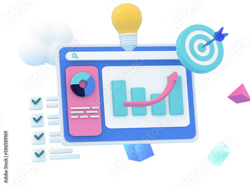 Business idea achieving goals. SEO optimization, web analytics and marketing social media concept illustration. Strategy and planing screen with icons. 3d rendering.