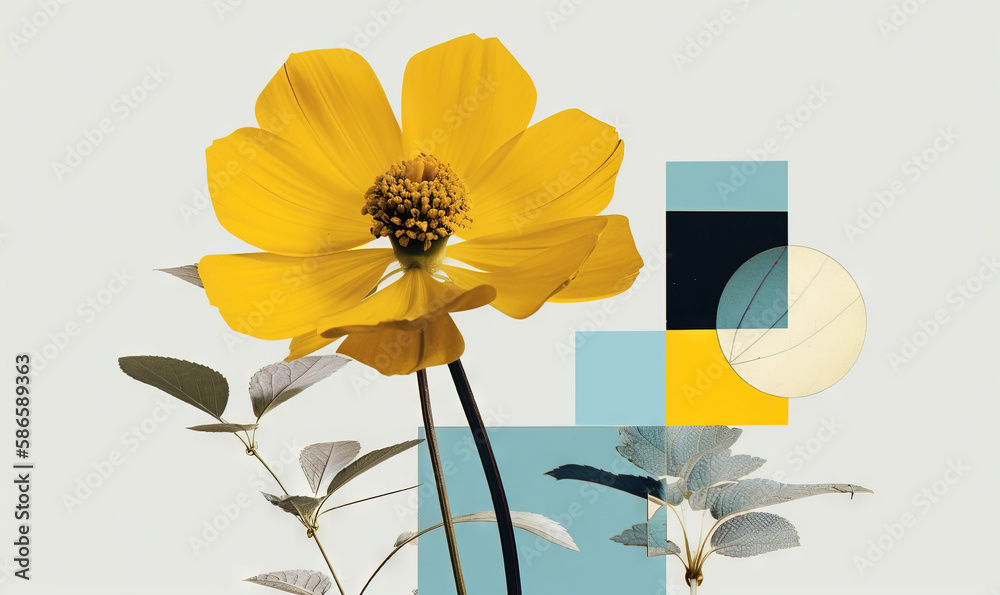 Fototapeta premium a yellow flower with a blue and yellow geometric design in the background and a yellow flower in the foreground with a blue and yellow geometric design in the middle. generative ai