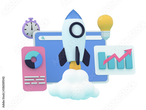 Achievement goals, business management application concept. Web screen with spaceship or rocket , graph, piechart, lamp, headphones, book icons. 3d rendering illustration.