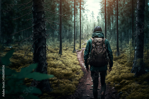 Man journey green forest hiking in the mountains with a backpack view from the back. Generative AI