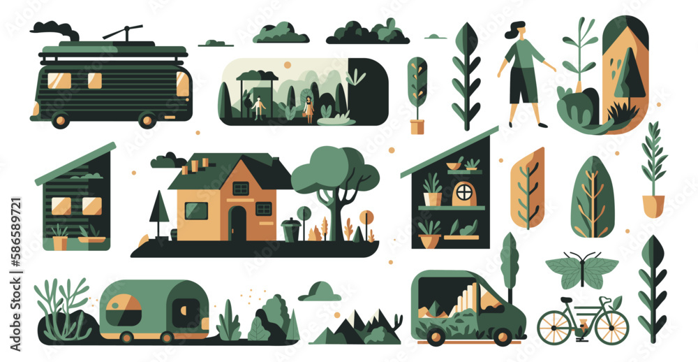Eco friendly sustainable lifestyle vector illustration set isolated on ...