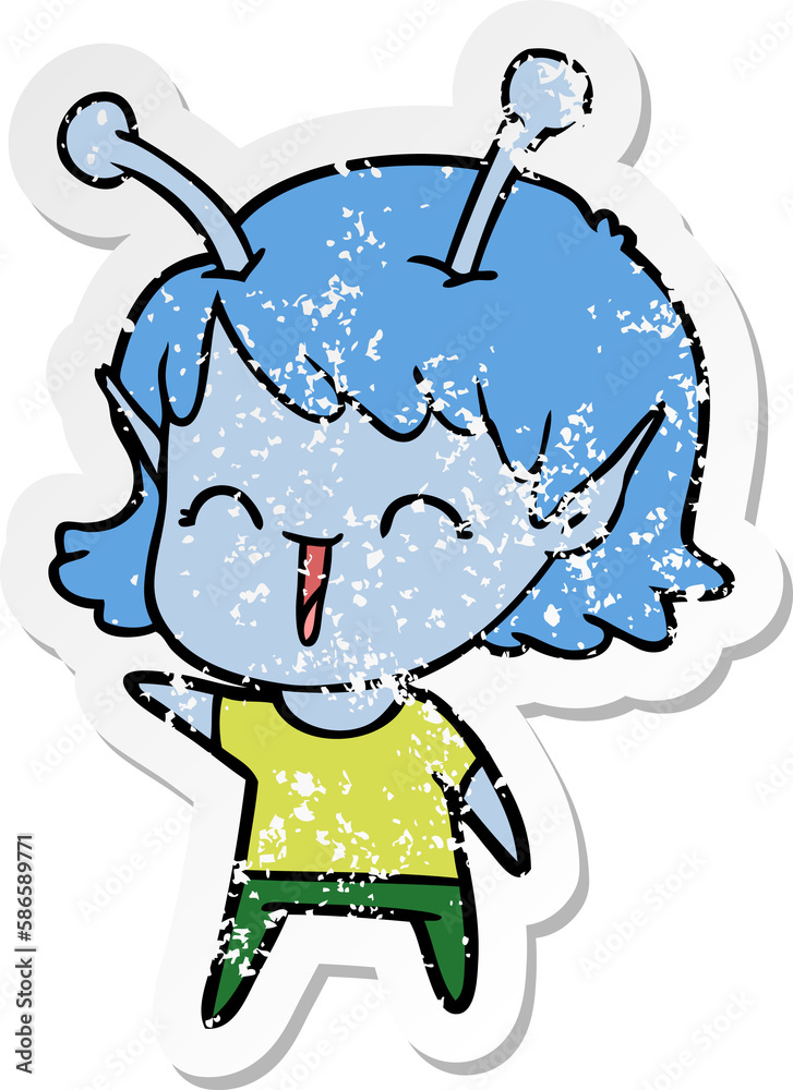 distressed sticker of a cartoon alien girl laughing distressed sticker of a cartoon alien girl laughing