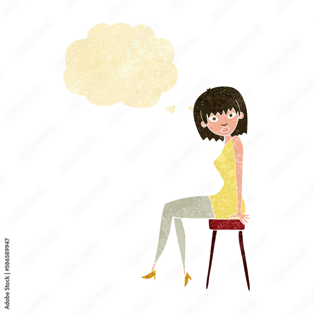 cartoon woman sitting on stool with thought bubble cartoon woman sitting on stool with thought bubble