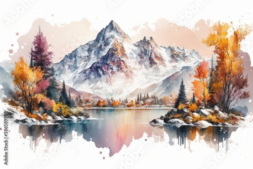 Watercolor mountain autumn landscape with snow on the peaks. (Generative AI)