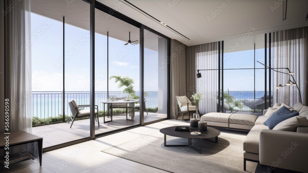 Fototapeta premium home interior design concept living family area contemporary interior style with nature sky and garden view in terrace, image ai generate