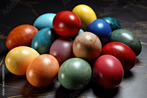 vibrant pile of Easter eggs on a wooden table. Generative AI