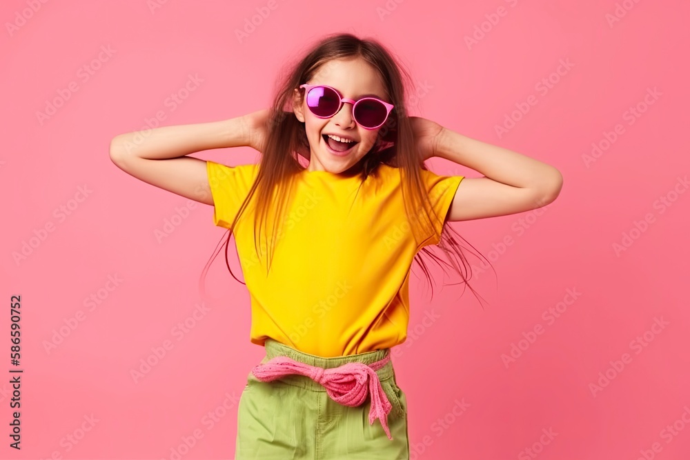 Adorable little girl wearing fashion glasses on a pink background. Concept photo for kids fashion
