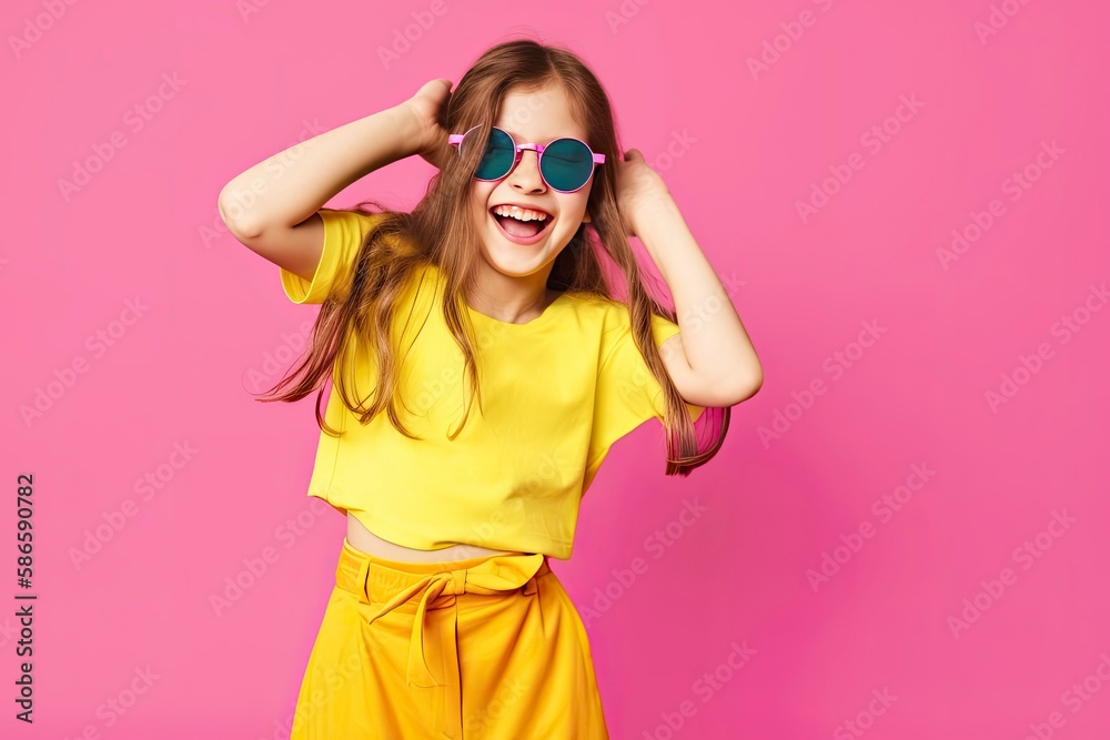 Adorable little girl wearing fashion glasses on a pink background. Concept photo for kids fashion