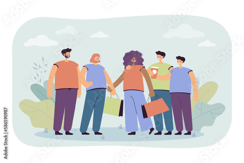 Happy friends shopping together vector illustration. Cartoon drawing of women with shopping bags, group of people standing together. Shopping, communication, community, diversity, sale concept