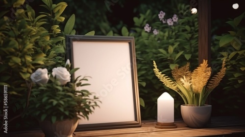 a blank photo frame placed on the floor in the garden of the house with a small pot of flowersand candle, a grass and trees background for a mockup photo frame, A nature lifestyle slow life mood. 