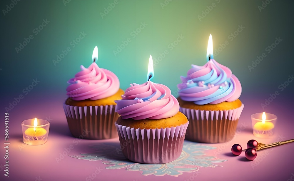 Birthday Cupcake With Candle. Warm Background. Generative Ai Birthday Cupcake With Candle. Warm Background. Generative Ai