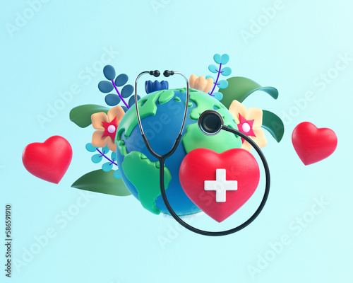 World Health Day flyer background with planet Earth, a stethoscope, red hearts and floral decoration in 3D cartoon illustration. Global health awareness day celebrated every year on 7th April