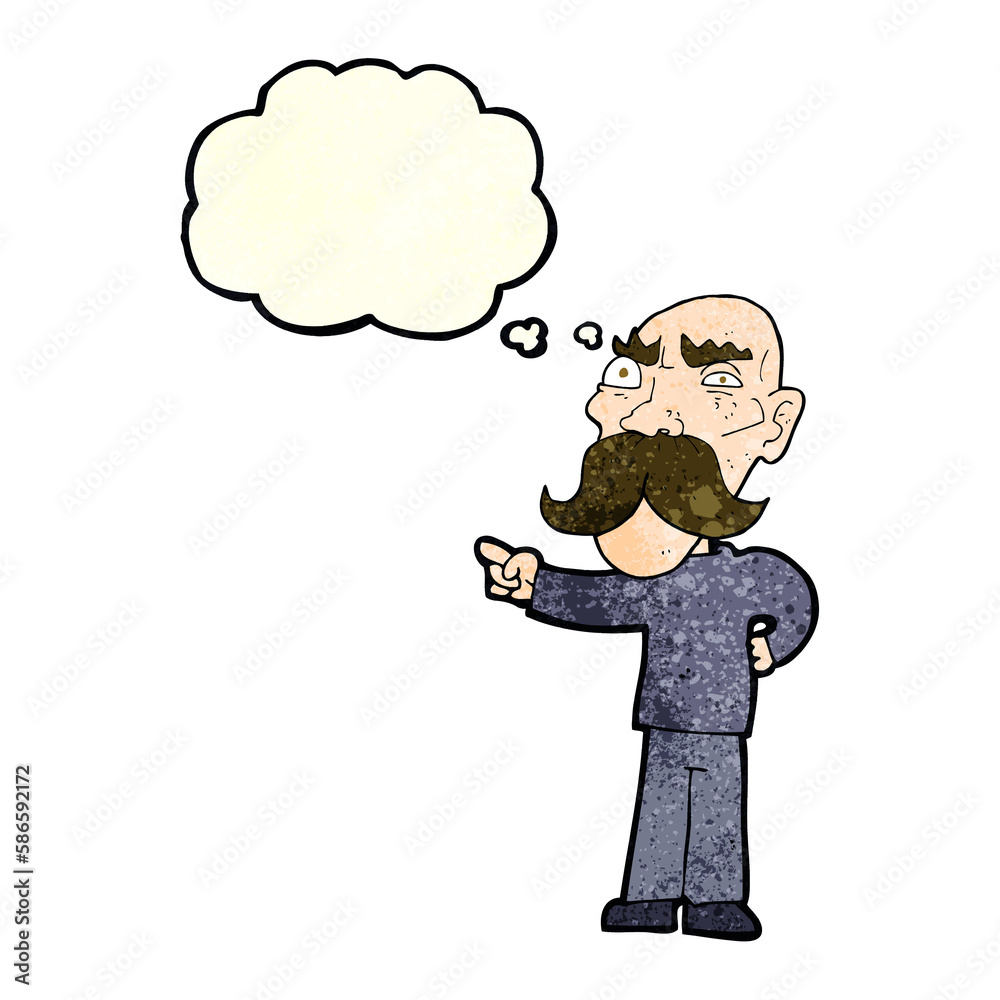 cartoon annoyed old man pointing with thought bubble