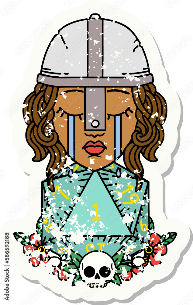 crying human fighter with natural one D20 roll illustration crying human fighter with natural one D20 roll illustration