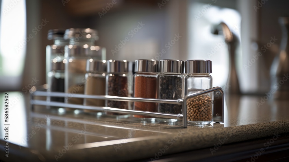 Spice rack on modern kitchen countertop. Generative AI. Spice rack on modern kitchen countertop. Generative AI.