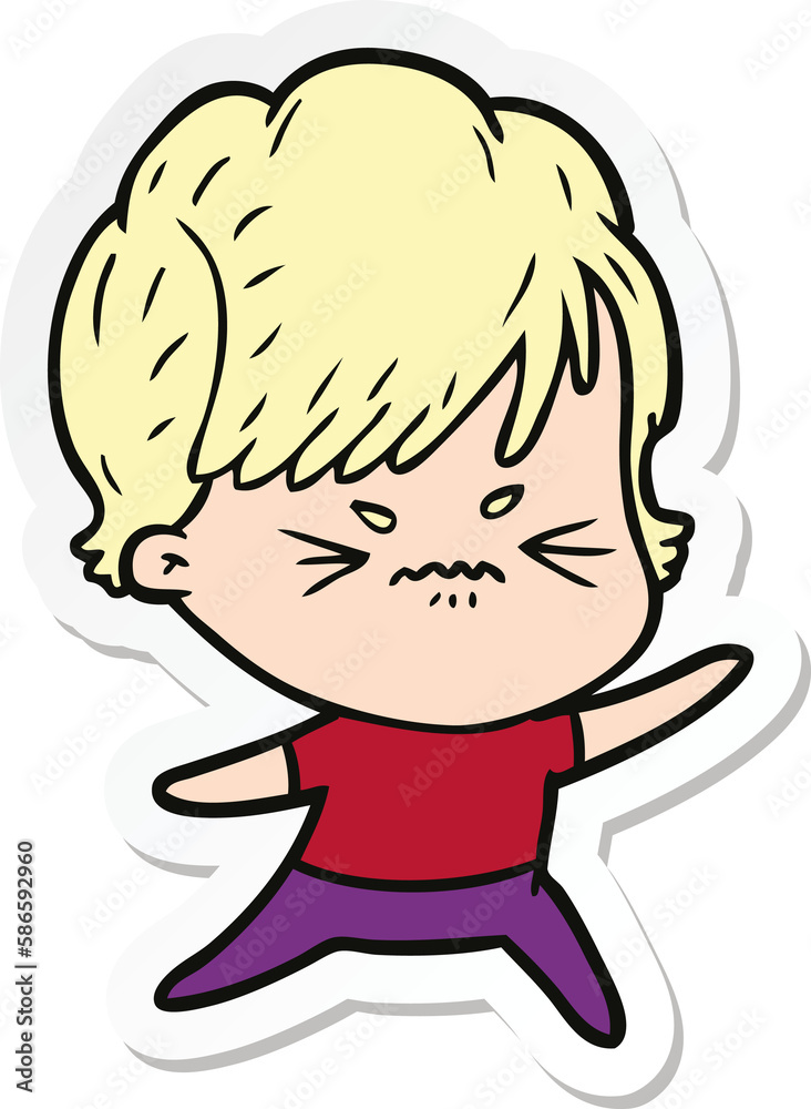 sticker of a cartoon frustrated woman sticker of a cartoon frustrated woman
