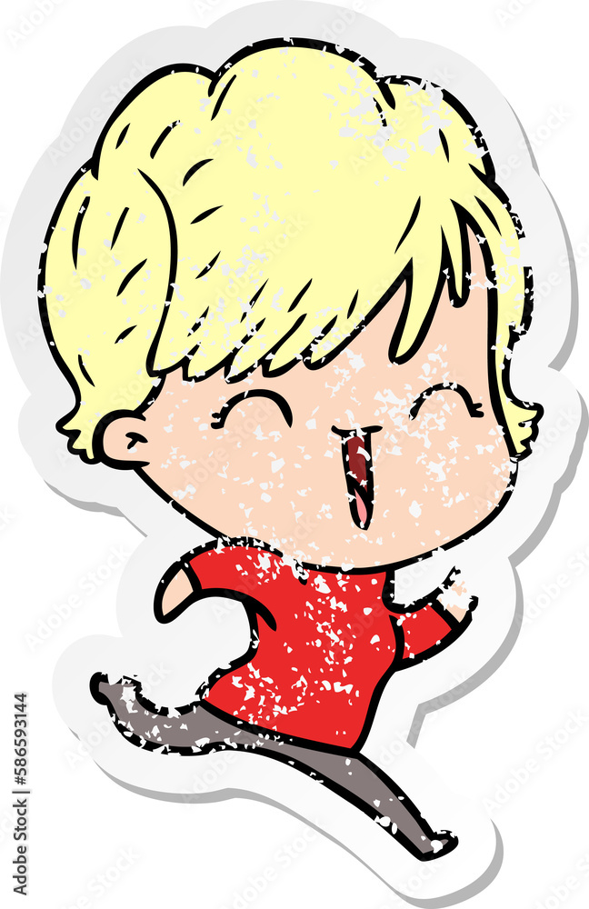 distressed sticker of a cartoon laughing woman