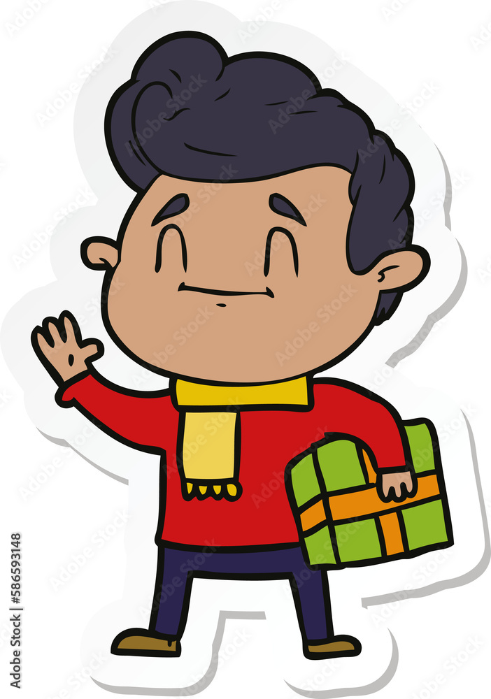 sticker of a happy cartoon man with gift sticker of a happy cartoon man with gift