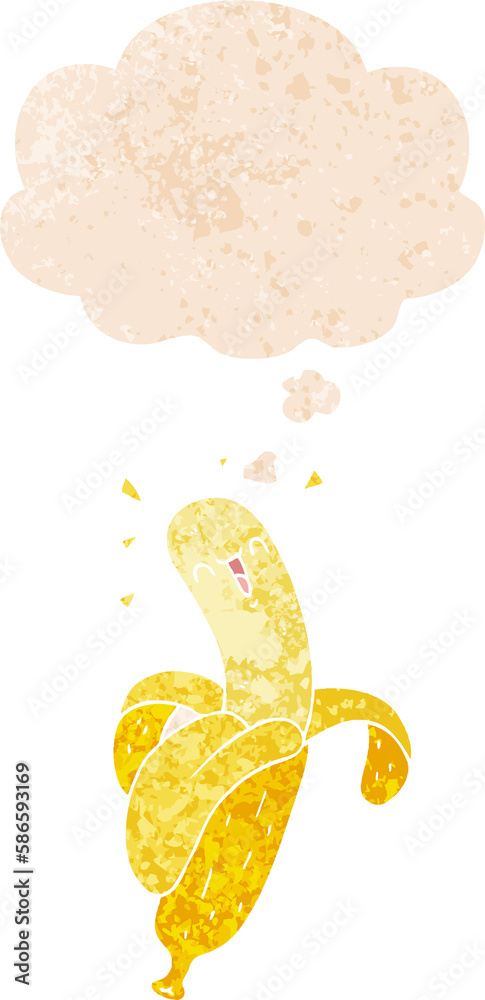 cartoon banana and thought bubble in retro textured style