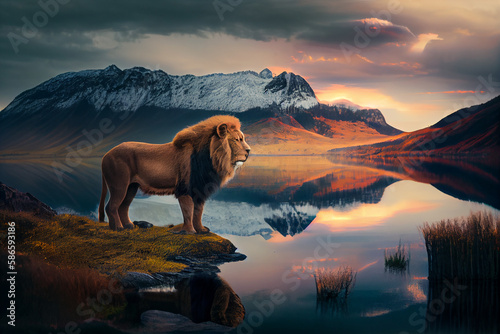 Majestic lion by the lake. AI Generated