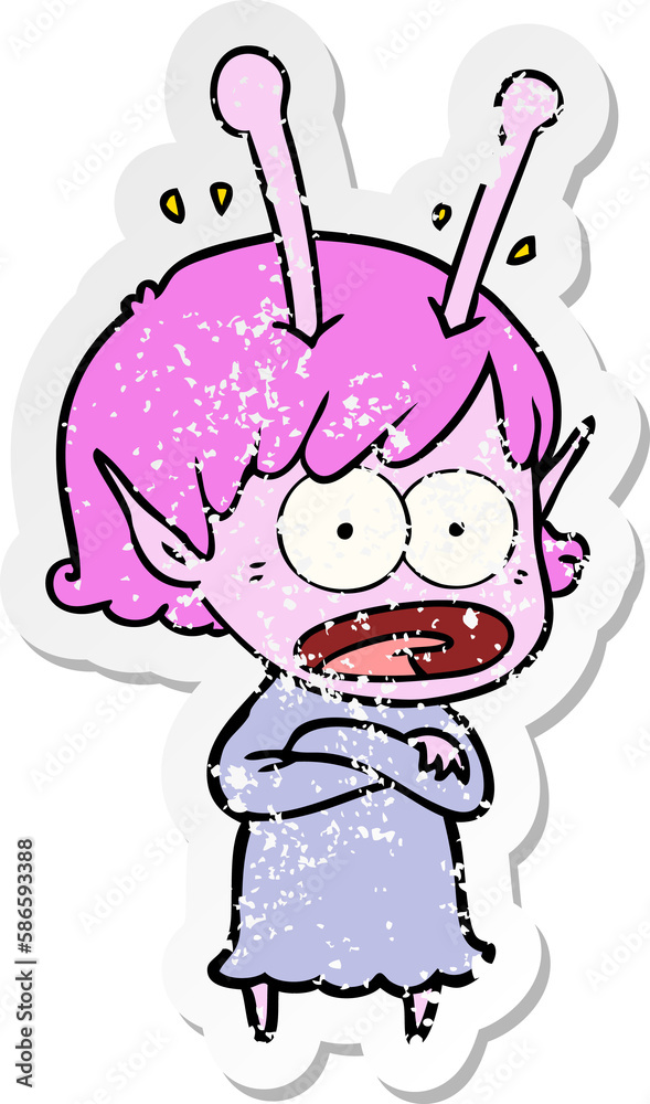 distressed sticker of a cartoon shocked alien girl distressed sticker of a cartoon shocked alien girl
