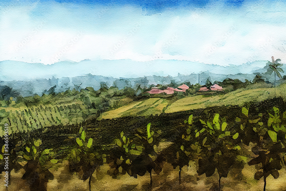 Young coffee plantation skyline landscape, watercolor oil painting effect. Generative Ai