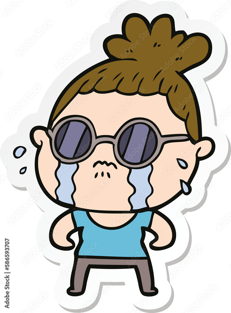 sticker of a cartoon crying woman wearing sunglasses sticker of a cartoon crying woman wearing sunglasses