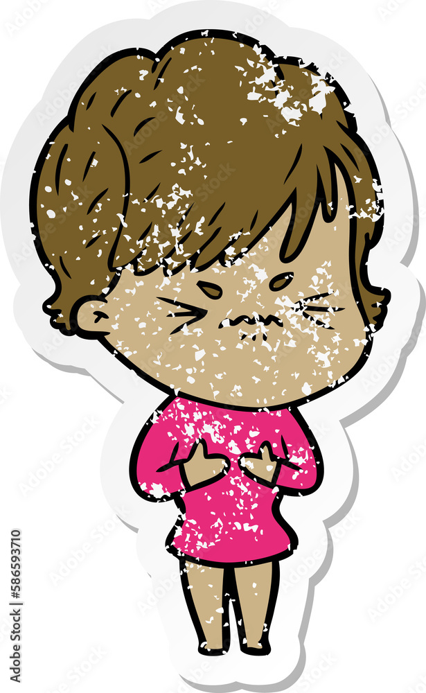 distressed sticker of a cartoon frustrated woman distressed sticker of a cartoon frustrated woman