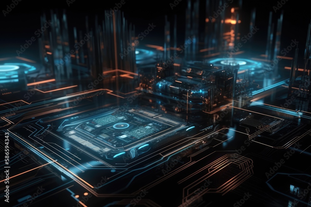 futuristic city with a blue neon lights. Generative AI