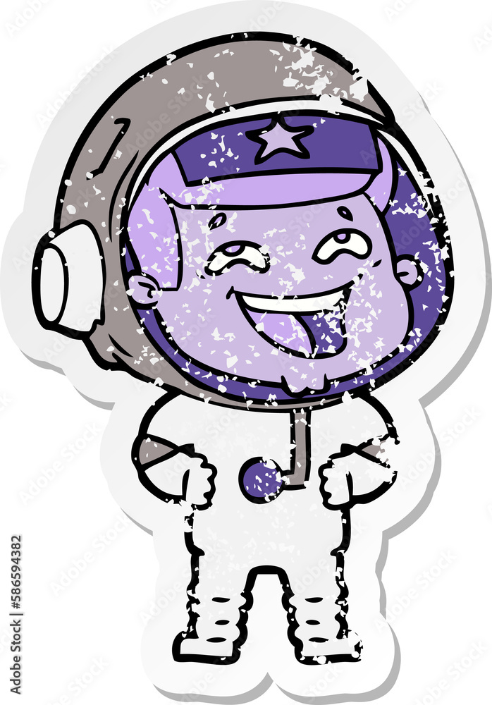 distressed sticker of a cartoon laughing astronaut