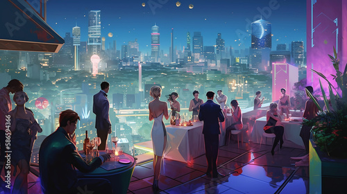 group of people partying on the rooftop, digital illustration, generative AI