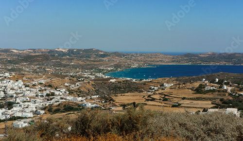 view on milos island from the top of old venetian castle in Plaka, amazing guld seascape, sea, mountains natural landscape photo