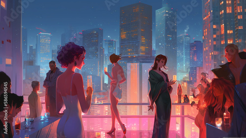 group of people partying on the rooftop, digital illustration, generative AI