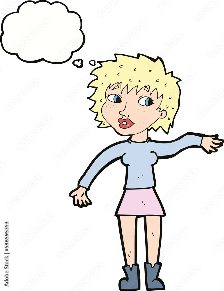 cartoon friendly woman waving with thought bubble cartoon friendly woman waving with thought bubble