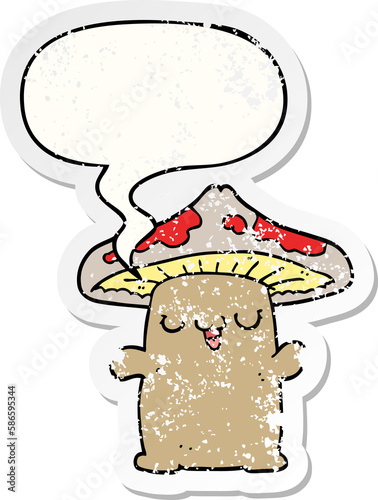 cartoon mushroom creature and speech bubble distressed sticker