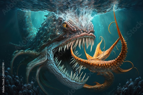 A large, aquatic creature with the head of a crocodile and sharp teeth Generative AI © PinkiePie