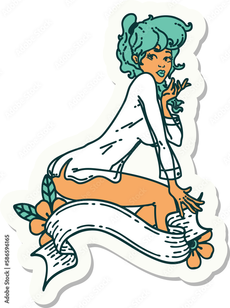 tattoo sticker of a pinup girl wearing a shirt with banner tattoo sticker of a pinup girl wearing a shirt with banner
