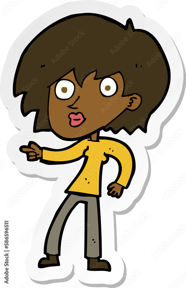 sticker of a cartoon surprised woman pointing sticker of a cartoon surprised woman pointing