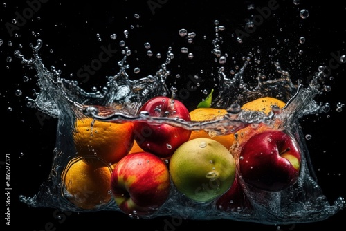 Fresh Fruit splash and submerge under water, summer banner, summer fruits, created with generative ai